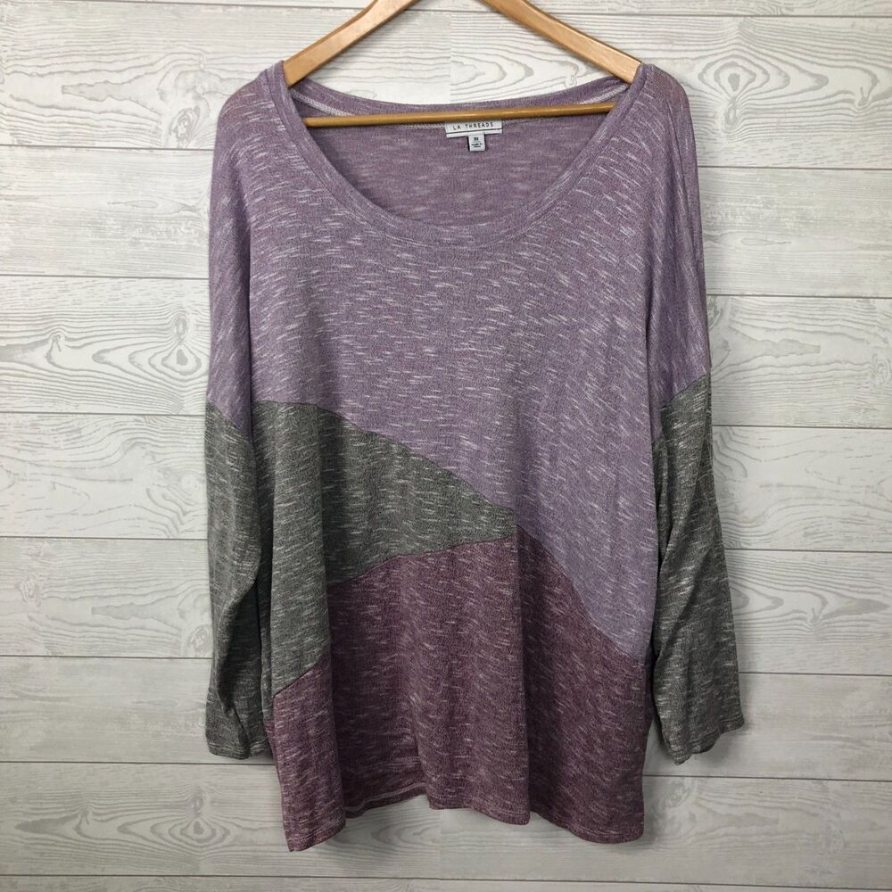 LA Threads Women's 3X Colorblock Long Sleeve Knit Shirt Scoop Neck Purple Gray